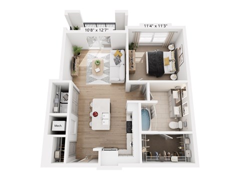 Floor plan for 1 bed, 1 bath, 732 sqft